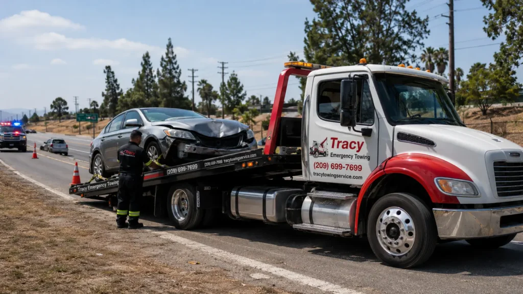 Towing a damaged sedan near I-205 highway