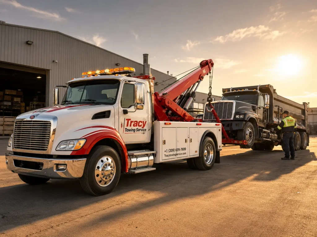 Tracy towing service technician securing heavy construction truck behind the tow truck in Tracy, ca