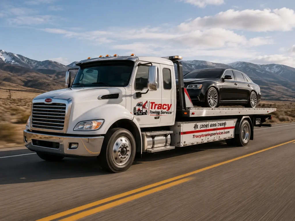 black sedan car towed on flatbed tow truck by tracy towing service