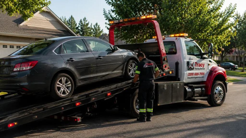 disabled car towed by Tracy Towing service in resisdential area
