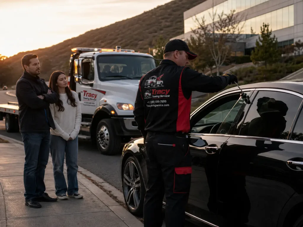 individuals looking at technician to unlock their car in the parking lot by their office in Tracy