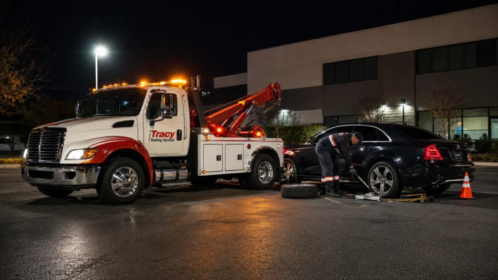 road side assistance service by tracy towing technician replacing flat tire of suv in office parking lot