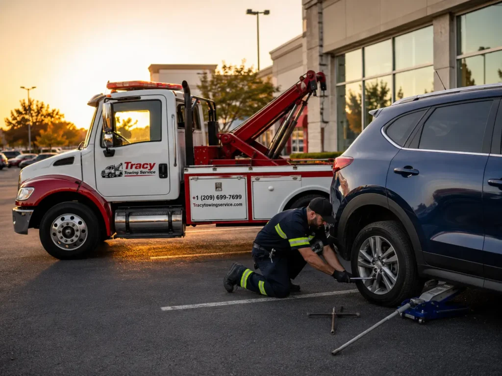 road side assistance service by tracy towing technician replacing flat tire of suv in parking lot