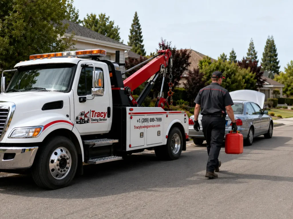 technician doing gas delivery to a car which ran out of fuel in tracy