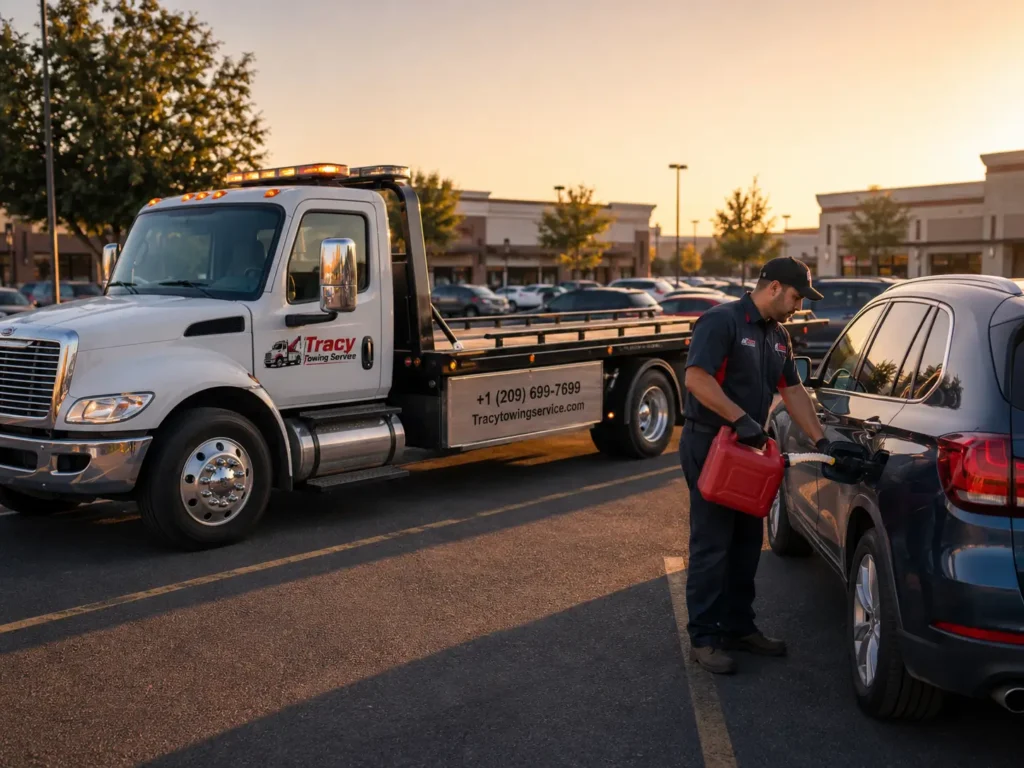technician doing gas delivery to a car which ran out of fuel in tracy shopping mall parking lot