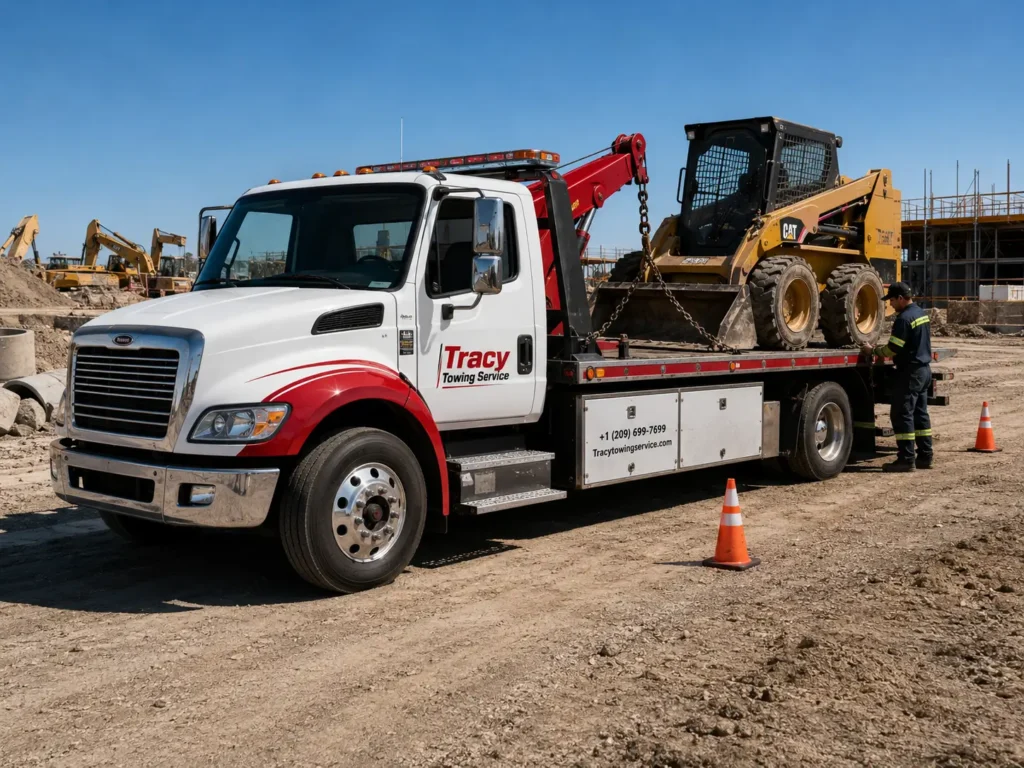 technician securing heavy duty constuction equipment on flatbed tow truck by Tracy Towing service