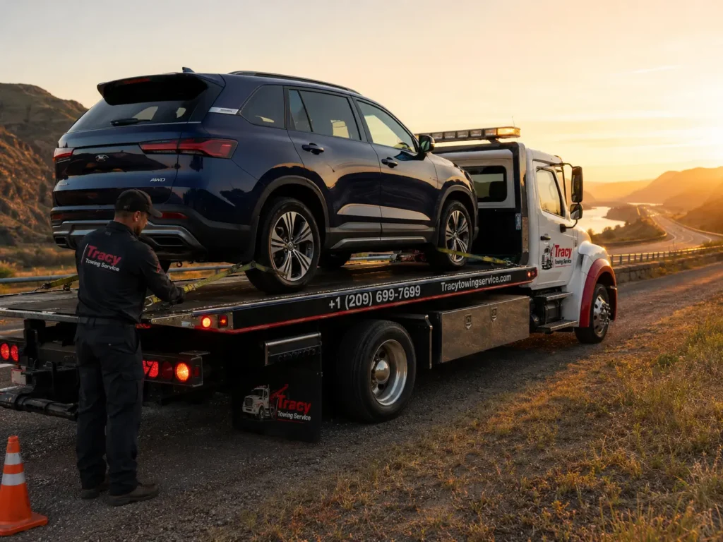 tracy towing service technician checking secured towed car on flatbed towing truck for long distance towing in tracy