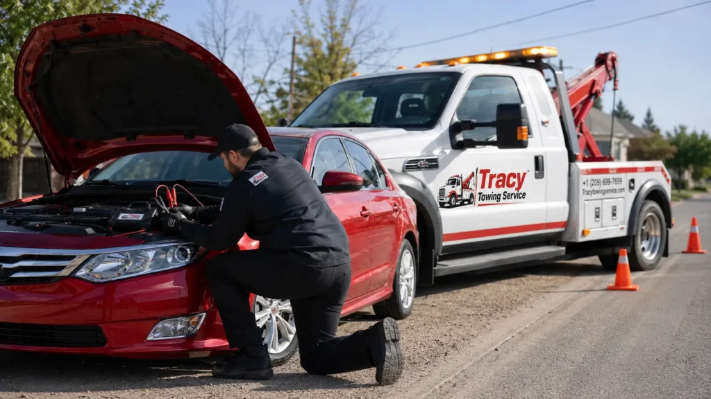 tracy towing service technician jumpstarting dead battery of a red car