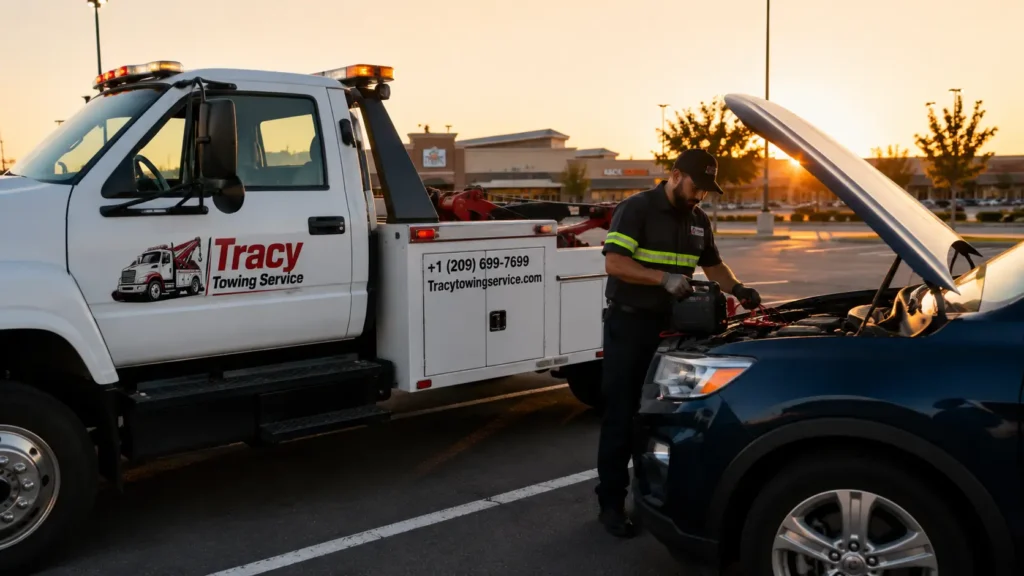 tracy towing service technician jumpstarting dead battery of blue van in tracy shopping mall parking lot