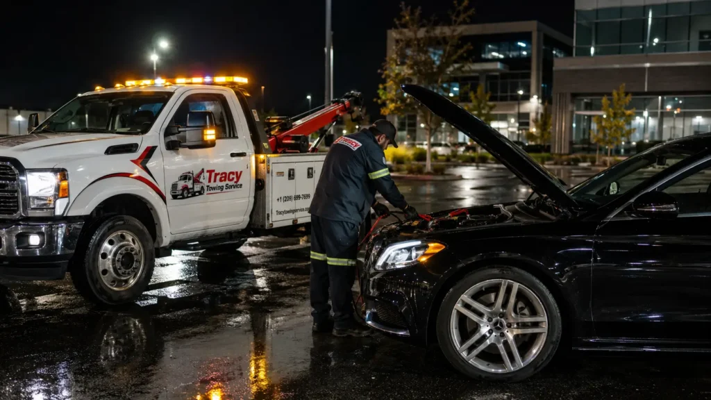 tracy towing service technician jumpstarting dead battery of car at night in the Tracy office parking lot