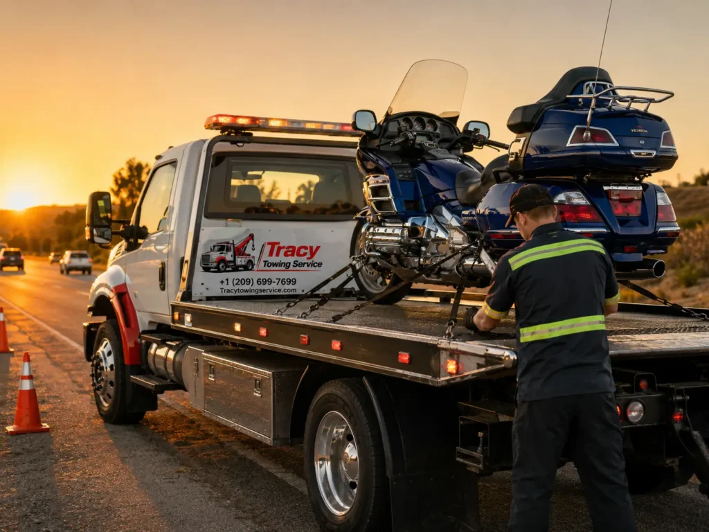 tracy towing service technician securing motorcycle on flatbed towing truck for transportation on tracy highway