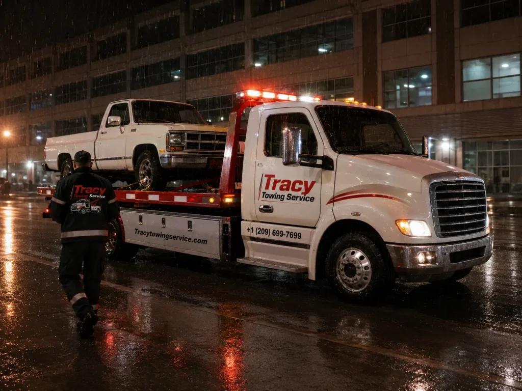 tracy towing service technician towing disabled suv on flatbed towing truck in tracy on rainy night