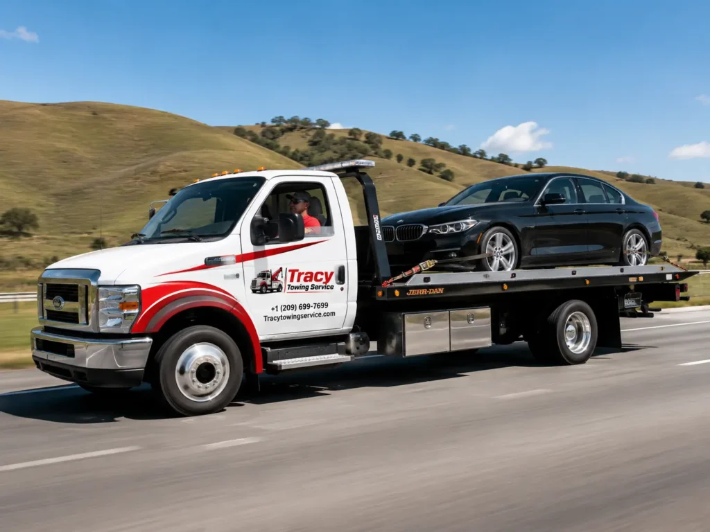 tracy towing service technician towing suv on flatbed towing truck for long distance towing
