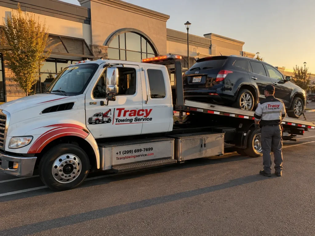 tracy towing service technician towing suv on flatbed towing truck in tracy shopping mall