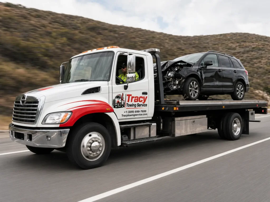 tracy towing service technician transporting accident disabled car on flatbed towing truck to a repair shop in tracy