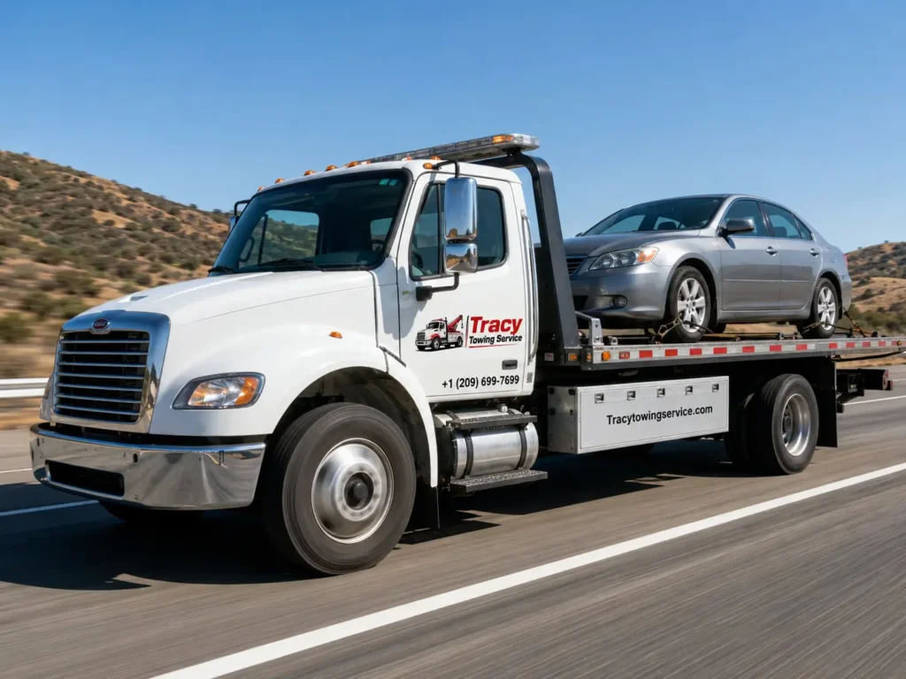 tracy towing service technician transporting car on flatbed towing truck for long distance towing in tracy