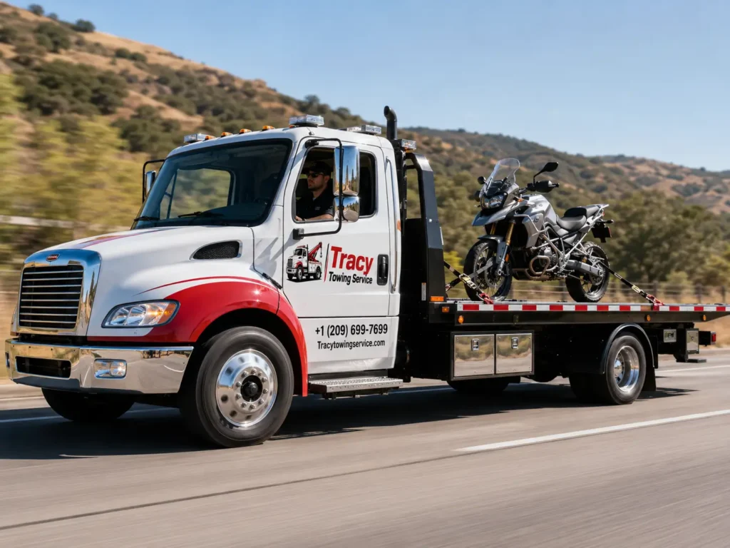 tracy towing service technician transporting motorcycle to a another location in tracy