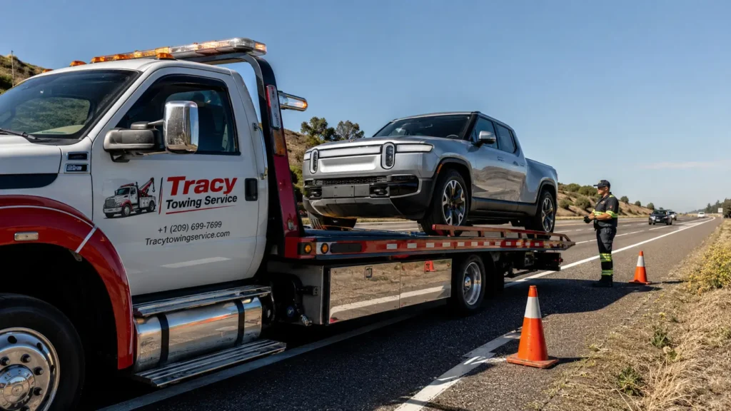 tracy towing service towing rivian R1 pickup in tracy highway i-205 to a nearby charging station