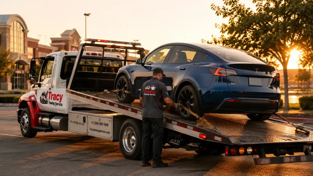 tracy towing service towing tesla model y in tracy shopping mall parking lot to a nearby tesla charger