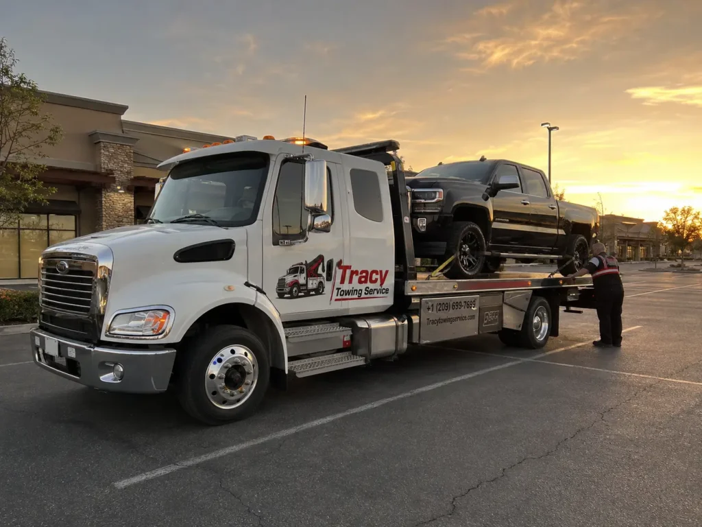 tracy towing technician securing black pickup truck on flatbed tow truck in Tracyshopping mall parking lot