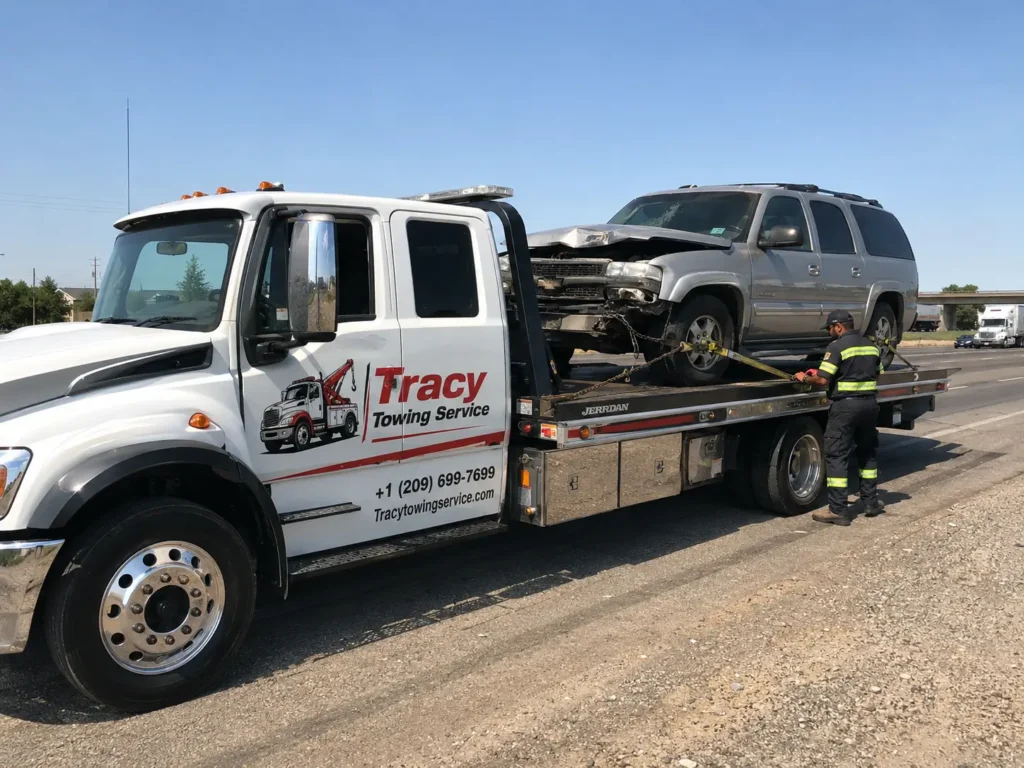 tracy towing technician securing disabled chevy suv truck on flatbed tow truck in Tracy