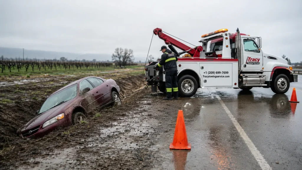 winch out car by the tracy towing service truck on a rainy day in tracy road