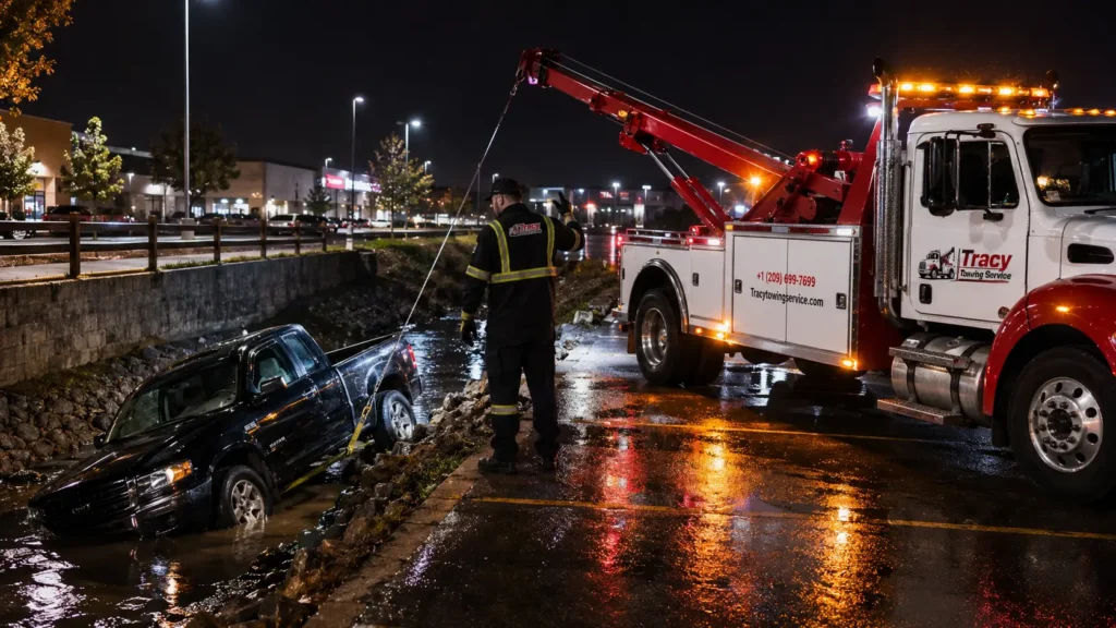 winch out pickup truck by the tracy towing service truck on a rainy day in tracy road